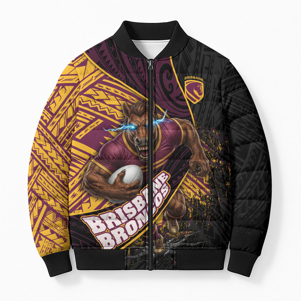 Brisbane Broncos Rugby Bomber Puffer Jacket Tribal Polynesian Power Art - Lightning Mascot