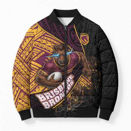 Brisbane Broncos Rugby Bomber Puffer Jacket Tribal Polynesian Power Art - Lightning Mascot