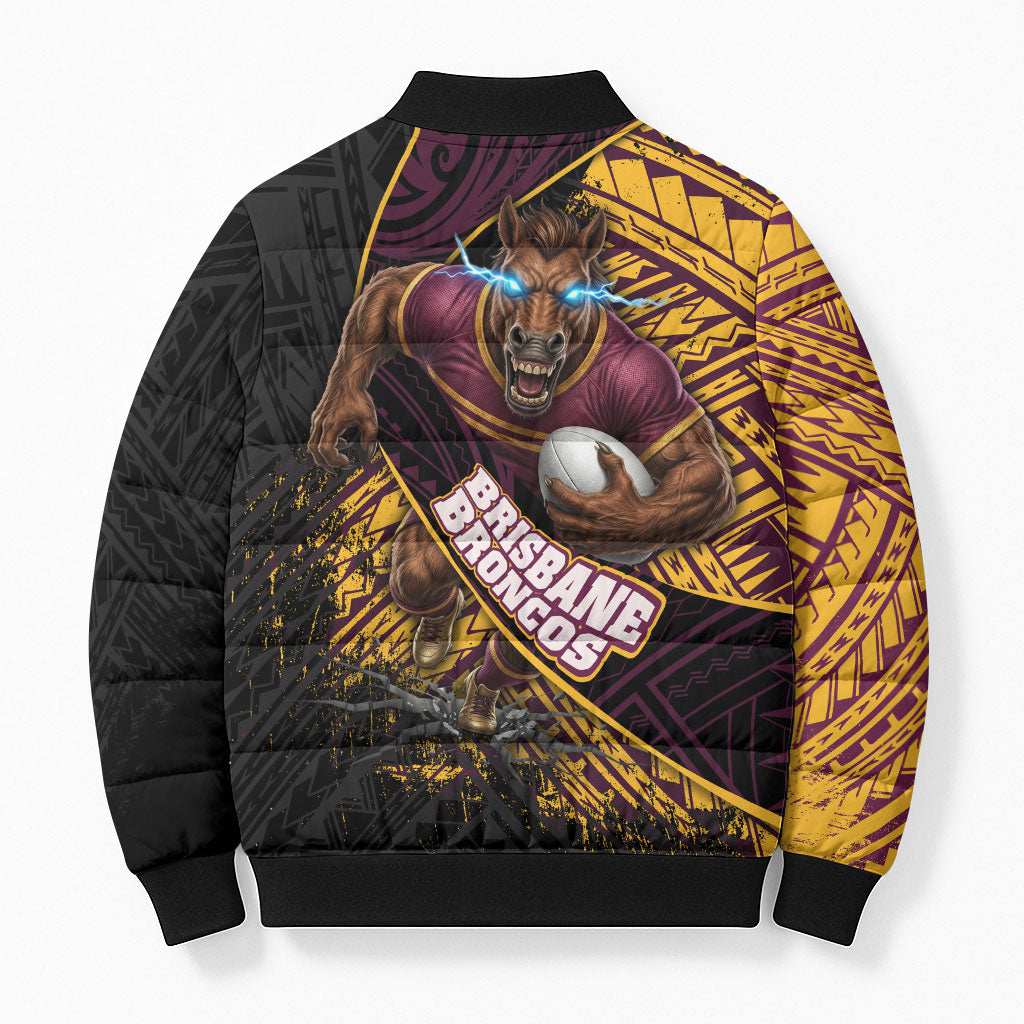 Brisbane Broncos Rugby Bomber Puffer Jacket Tribal Polynesian Power Art - Lightning Mascot