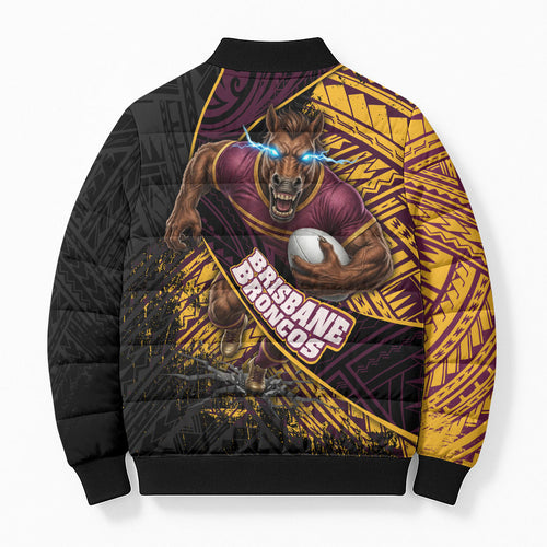 Brisbane Broncos Rugby Bomber Puffer Jacket Tribal Polynesian Power Art - Lightning Mascot