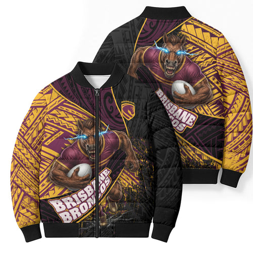 Brisbane Broncos Rugby Bomber Puffer Jacket Tribal Polynesian Power Art - Lightning Mascot