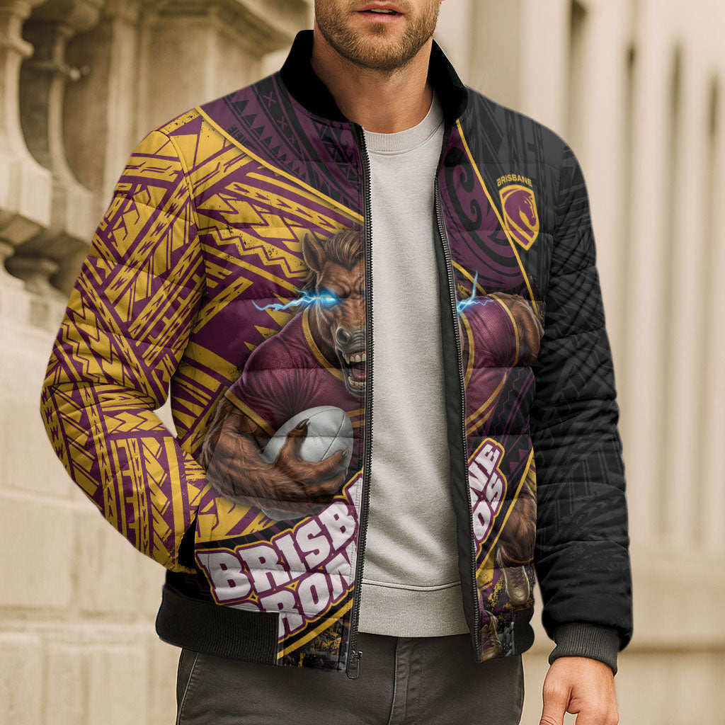 Brisbane Broncos Rugby Bomber Puffer Jacket Tribal Polynesian Power Art - Lightning Mascot