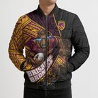 Brisbane Broncos Rugby Bomber Puffer Jacket Tribal Polynesian Power Art - Lightning Mascot