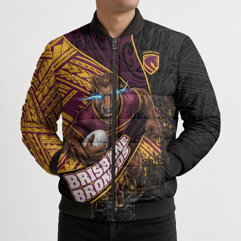 Brisbane Broncos Rugby Bomber Puffer Jacket Tribal Polynesian Power Art - Lightning Mascot