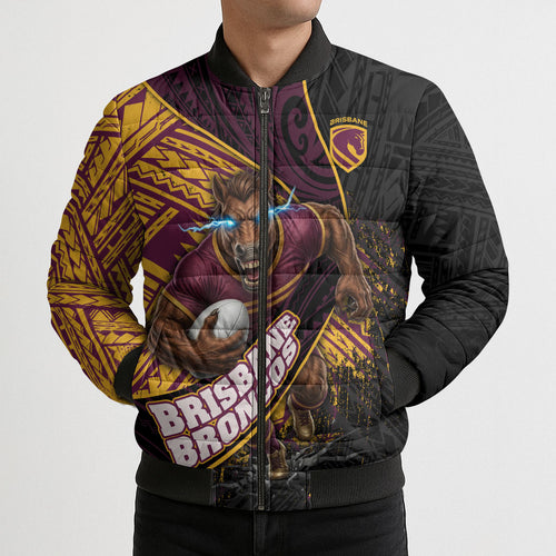 Brisbane Broncos Rugby Bomber Puffer Jacket Tribal Polynesian Power Art - Lightning Mascot