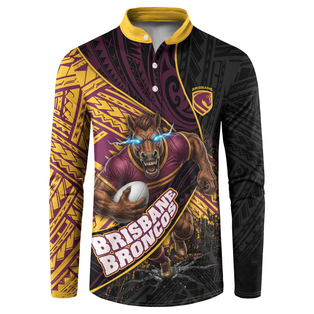 Brisbane Broncos Rugby Button Sweatshirt Tribal Polynesian Power Art - Lightning Mascot