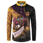 Brisbane Broncos Rugby Button Sweatshirt Tribal Polynesian Power Art - Lightning Mascot