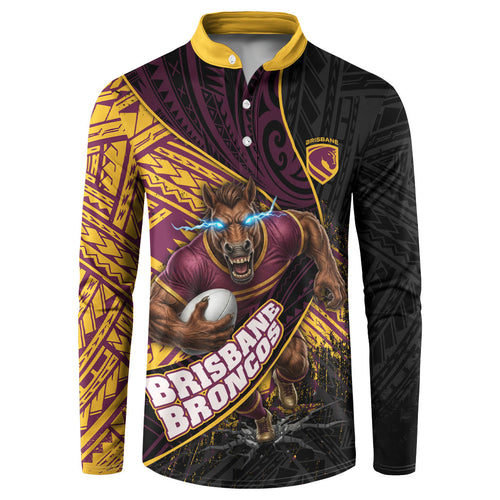 Brisbane Broncos Rugby Button Sweatshirt Tribal Polynesian Power Art - Lightning Mascot