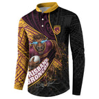 Brisbane Broncos Rugby Button Sweatshirt Tribal Polynesian Power Art - Lightning Mascot