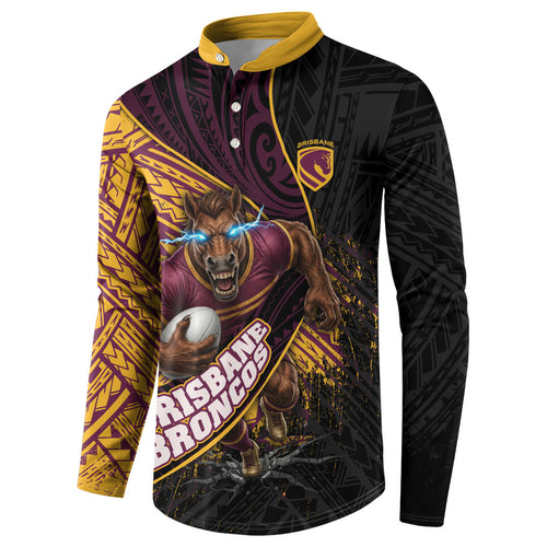 Brisbane Broncos Rugby Button Sweatshirt Tribal Polynesian Power Art - Lightning Mascot