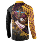 Brisbane Broncos Rugby Button Sweatshirt Tribal Polynesian Power Art - Lightning Mascot