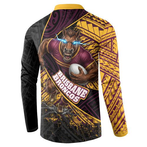 Brisbane Broncos Rugby Button Sweatshirt Tribal Polynesian Power Art - Lightning Mascot