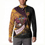 Brisbane Broncos Rugby Button Sweatshirt Tribal Polynesian Power Art - Lightning Mascot