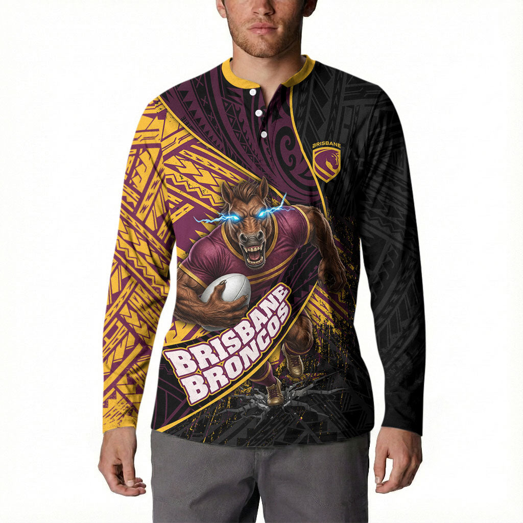 Brisbane Broncos Rugby Button Sweatshirt Tribal Polynesian Power Art - Lightning Mascot