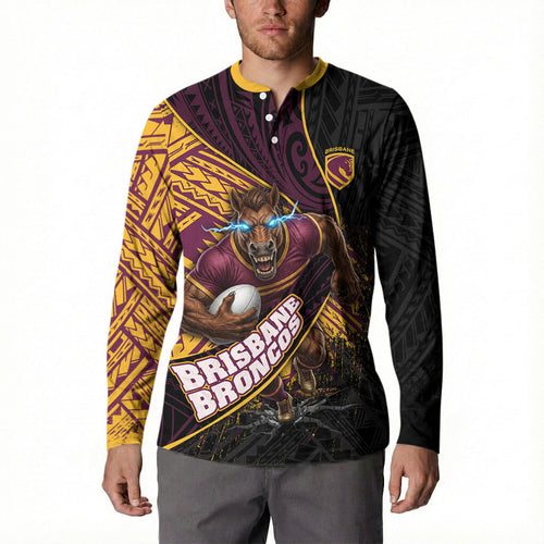 Brisbane Broncos Rugby Button Sweatshirt Tribal Polynesian Power Art - Lightning Mascot