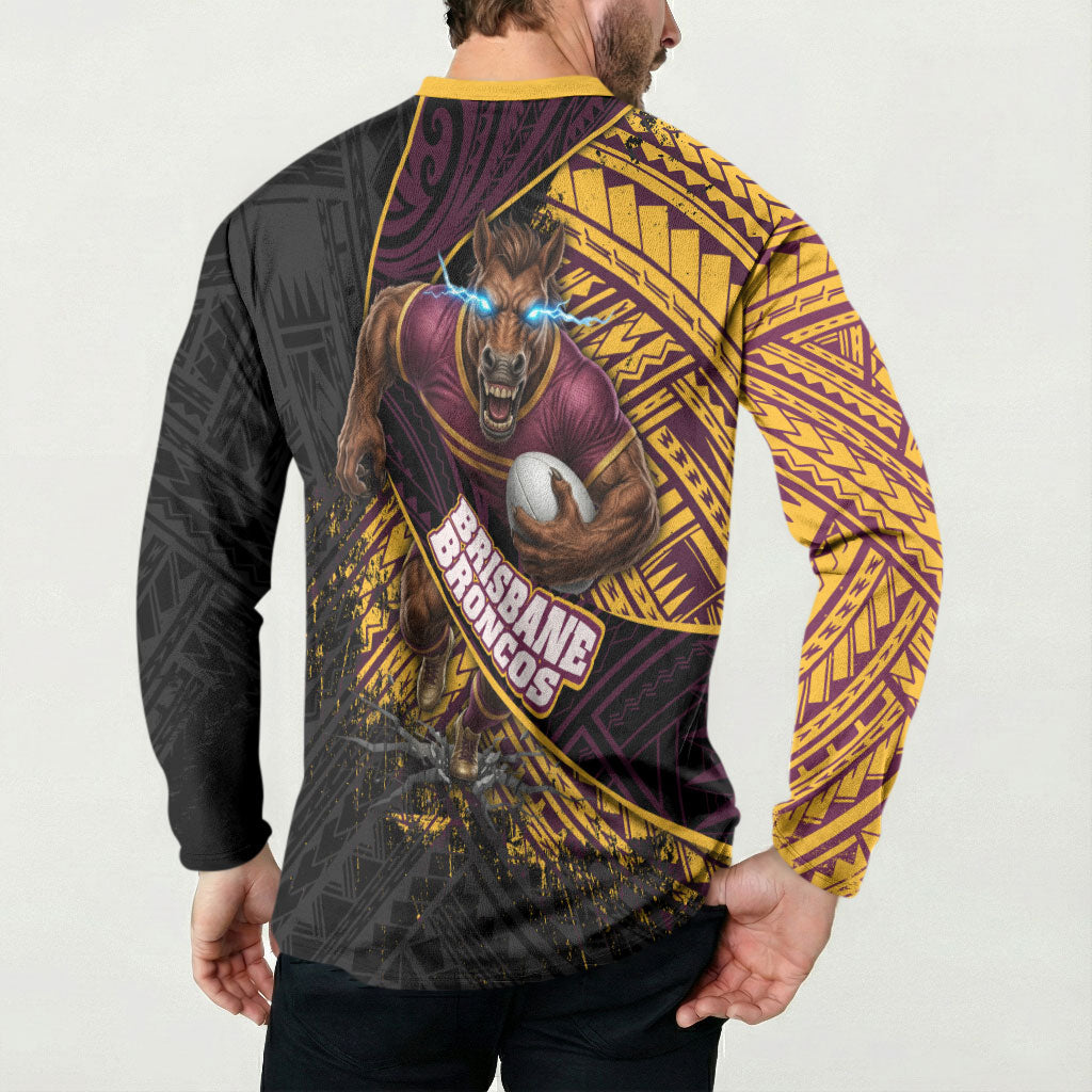 Brisbane Broncos Rugby Button Sweatshirt Tribal Polynesian Power Art - Lightning Mascot