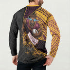 Brisbane Broncos Rugby Button Sweatshirt Tribal Polynesian Power Art - Lightning Mascot
