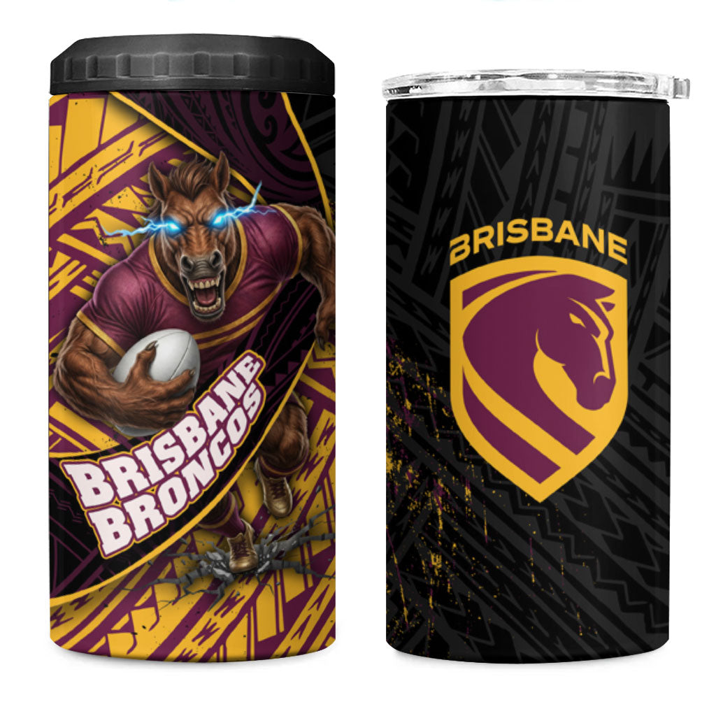Brisbane Broncos Rugby 4 in 1 Can Cooler Tumbler Tribal Polynesian Power Art - Lightning Mascot