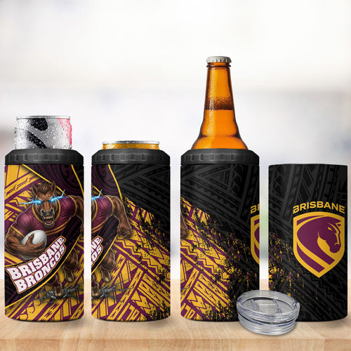 Brisbane Broncos Rugby 4 in 1 Can Cooler Tumbler Tribal Polynesian Power Art - Lightning Mascot