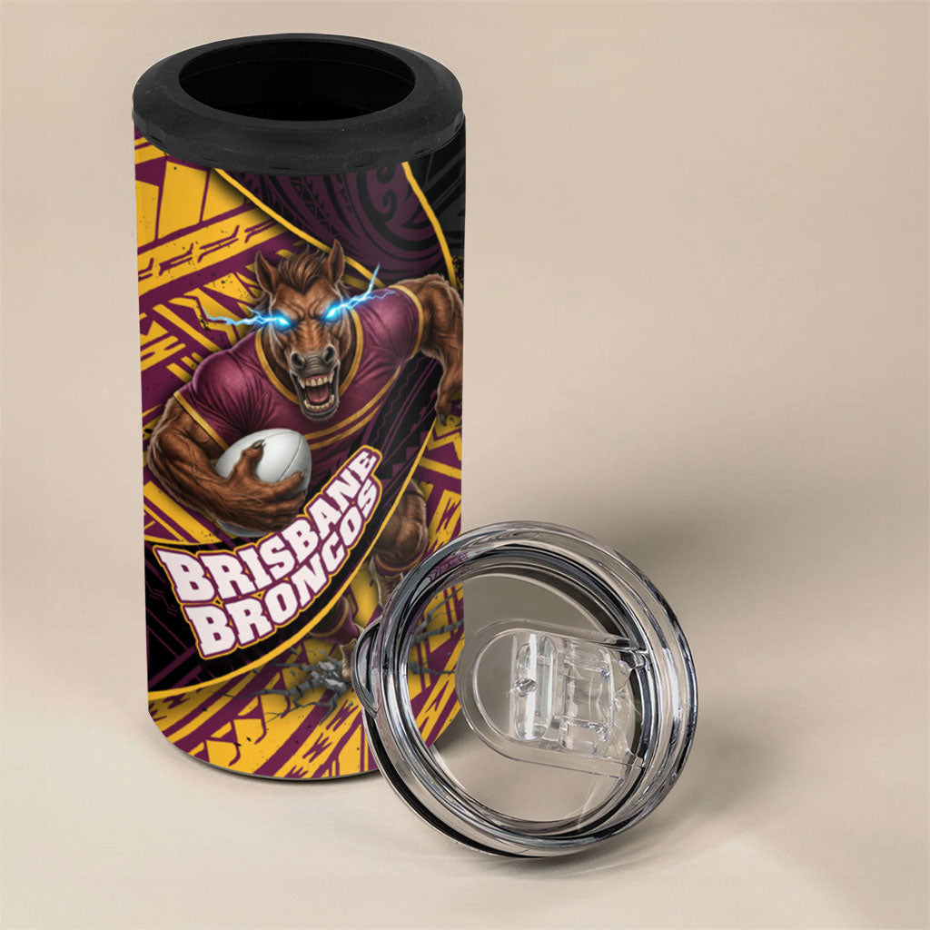 Brisbane Broncos Rugby 4 in 1 Can Cooler Tumbler Tribal Polynesian Power Art - Lightning Mascot