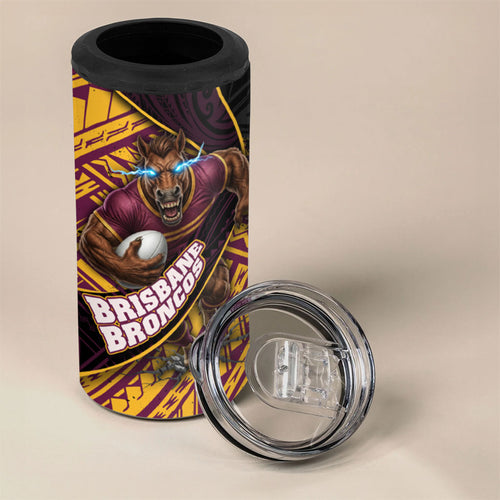 Brisbane Broncos Rugby 4 in 1 Can Cooler Tumbler Tribal Polynesian Power Art - Lightning Mascot