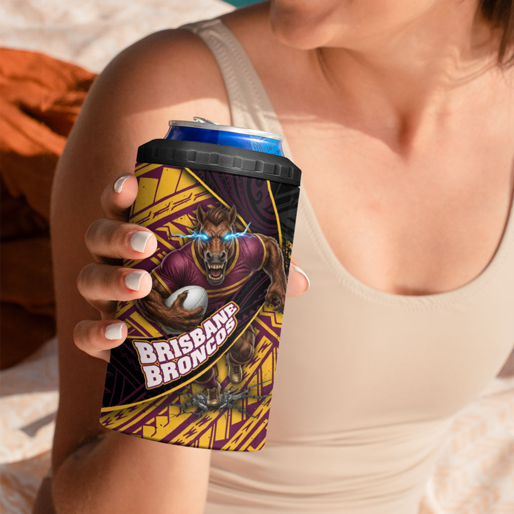 Brisbane Broncos Rugby 4 in 1 Can Cooler Tumbler Tribal Polynesian Power Art - Lightning Mascot
