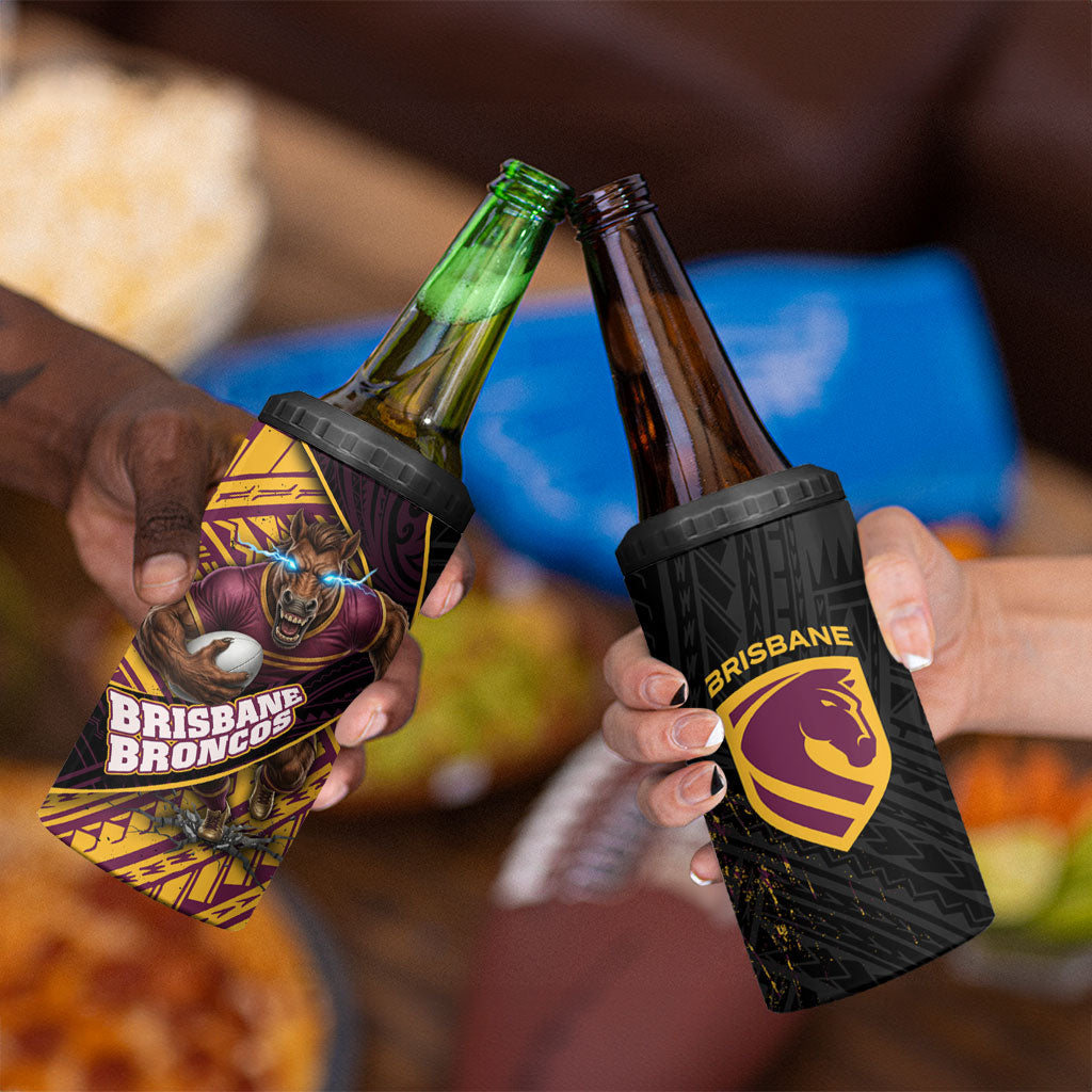 Brisbane Broncos Rugby 4 in 1 Can Cooler Tumbler Tribal Polynesian Power Art - Lightning Mascot
