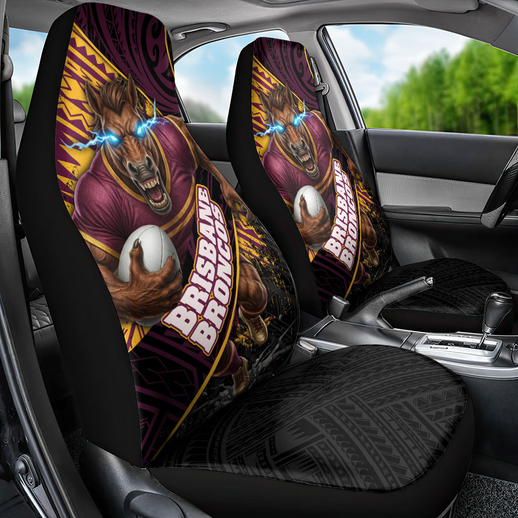 Brisbane Broncos Rugby Car Seat Cover Tribal Polynesian Power Art - Lightning Mascot