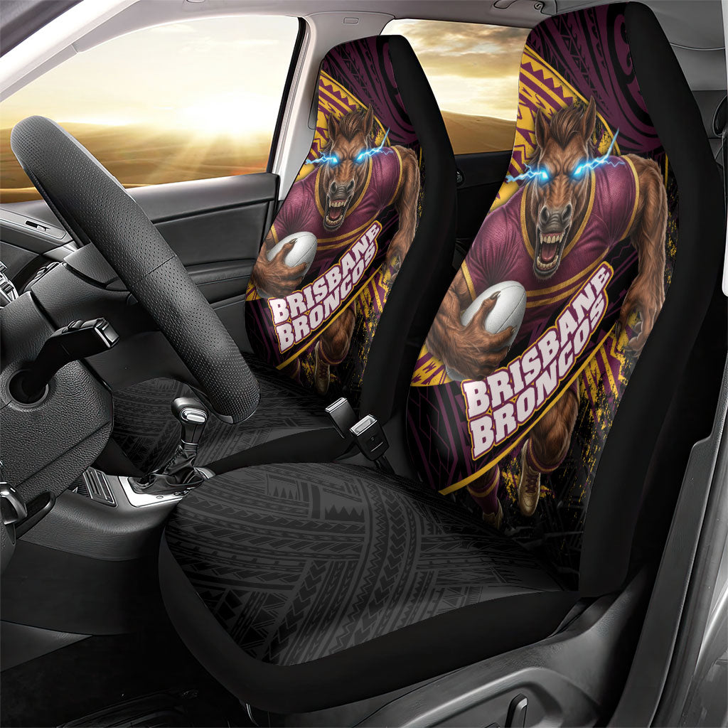 Brisbane Broncos Rugby Car Seat Cover Tribal Polynesian Power Art - Lightning Mascot