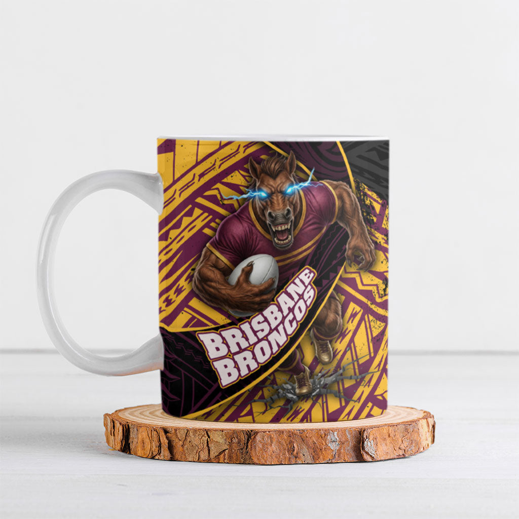Brisbane Broncos Rugby Ceramic Mug Tribal Polynesian Power Art - Lightning Mascot