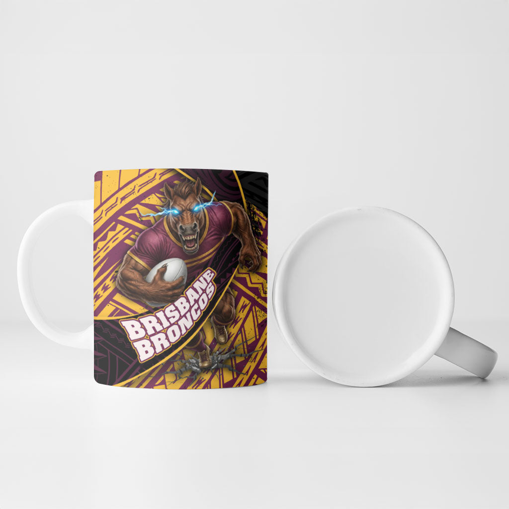 Brisbane Broncos Rugby Ceramic Mug Tribal Polynesian Power Art - Lightning Mascot