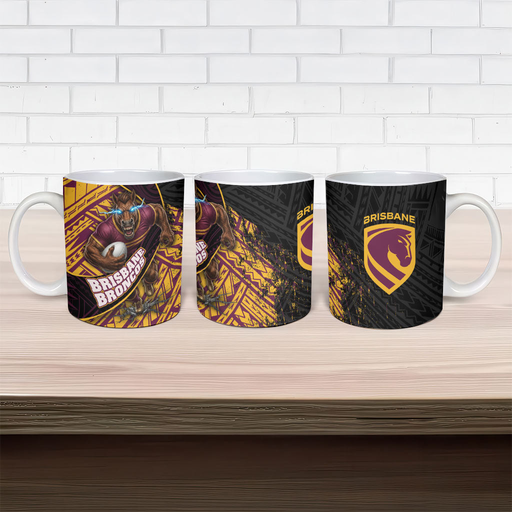 Brisbane Broncos Rugby Ceramic Mug Tribal Polynesian Power Art - Lightning Mascot