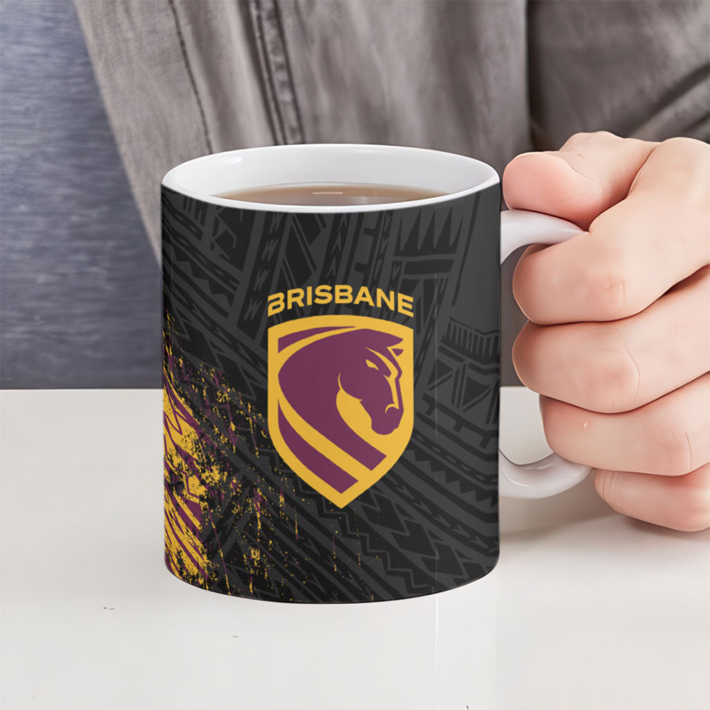 Brisbane Broncos Rugby Ceramic Mug Tribal Polynesian Power Art - Lightning Mascot