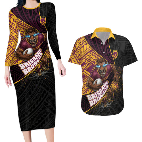Brisbane Broncos Rugby Couples Matching Long Sleeve Bodycon Dress and Hawaiian Shirt Tribal Polynesian Power Art - Lightning Mascot