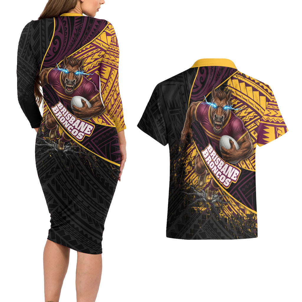 Brisbane Broncos Rugby Couples Matching Long Sleeve Bodycon Dress and Hawaiian Shirt Tribal Polynesian Power Art - Lightning Mascot