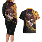 Brisbane Broncos Rugby Couples Matching Long Sleeve Bodycon Dress and Hawaiian Shirt Tribal Polynesian Power Art - Lightning Mascot
