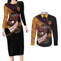 Brisbane Broncos Rugby Couples Matching Long Sleeve Bodycon Dress and Long Sleeve Button Shirt Tribal Polynesian Power Art - Lightning Mascot