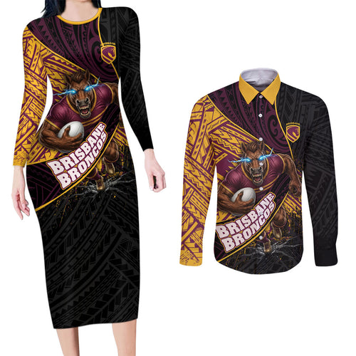 Brisbane Broncos Rugby Couples Matching Long Sleeve Bodycon Dress and Long Sleeve Button Shirt Tribal Polynesian Power Art - Lightning Mascot