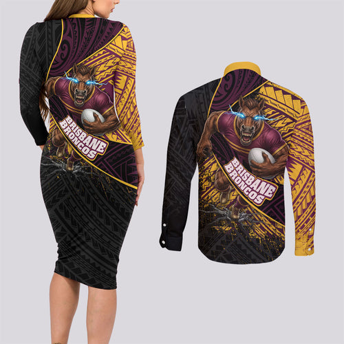 Brisbane Broncos Rugby Couples Matching Long Sleeve Bodycon Dress and Long Sleeve Button Shirt Tribal Polynesian Power Art - Lightning Mascot