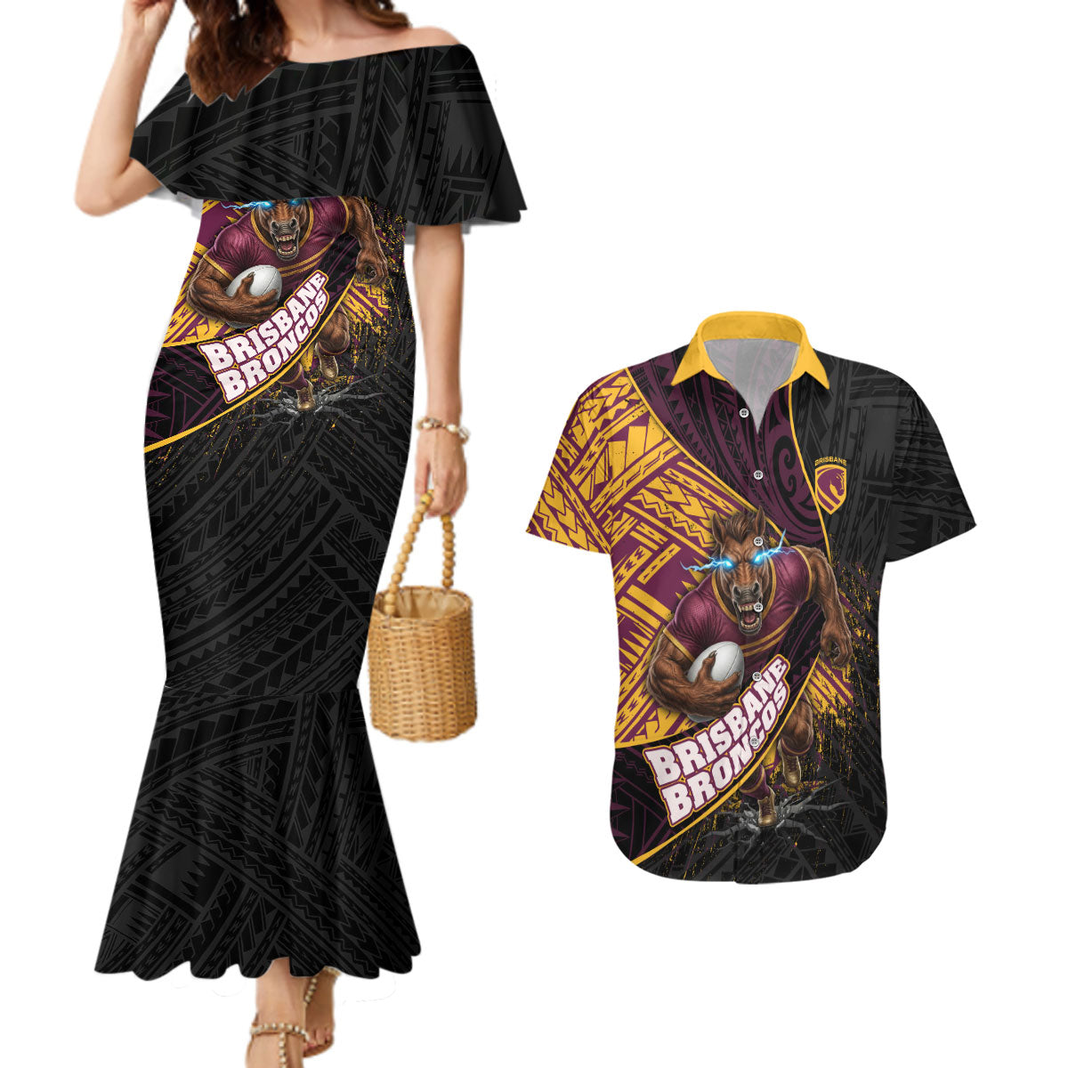 Brisbane Broncos Rugby Couples Matching Mermaid Dress and Hawaiian Shirt Tribal Polynesian Power Art - Lightning Mascot