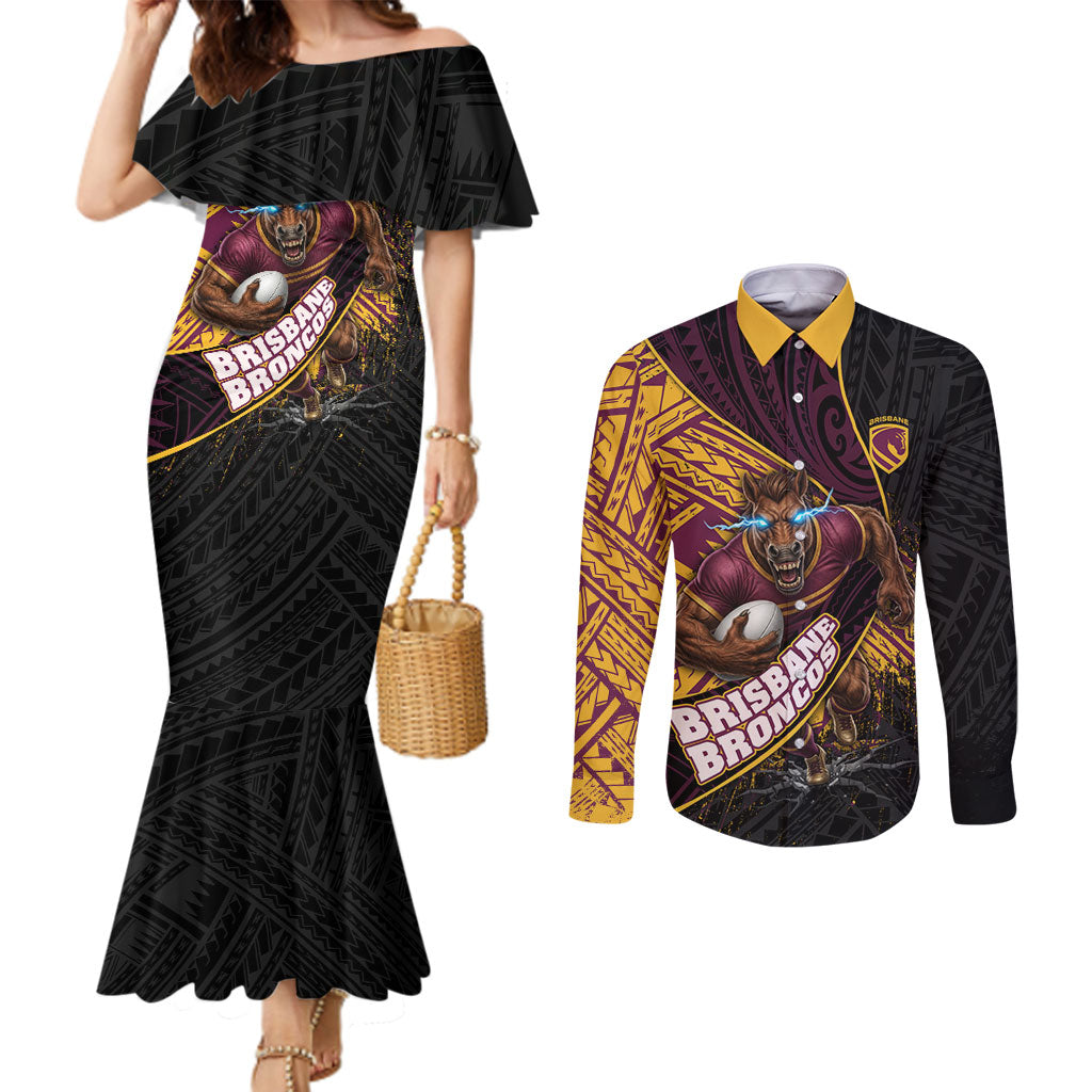 Brisbane Broncos Rugby Couples Matching Mermaid Dress and Long Sleeve Button Shirt Tribal Polynesian Power Art - Lightning Mascot