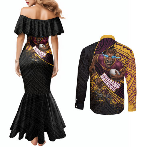 Brisbane Broncos Rugby Couples Matching Mermaid Dress and Long Sleeve Button Shirt Tribal Polynesian Power Art - Lightning Mascot