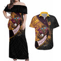 Brisbane Broncos Rugby Couples Matching Off Shoulder Maxi Dress and Hawaiian Shirt Tribal Polynesian Power Art - Lightning Mascot