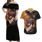 Brisbane Broncos Rugby Couples Matching Off Shoulder Maxi Dress and Hawaiian Shirt Tribal Polynesian Power Art - Lightning Mascot