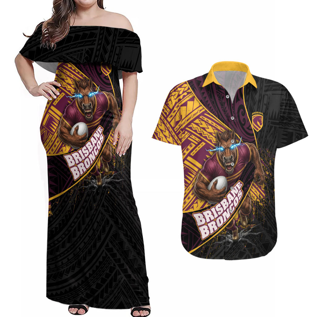 Brisbane Broncos Rugby Couples Matching Off Shoulder Maxi Dress and Hawaiian Shirt Tribal Polynesian Power Art - Lightning Mascot