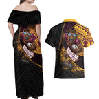 Brisbane Broncos Rugby Couples Matching Off Shoulder Maxi Dress and Hawaiian Shirt Tribal Polynesian Power Art - Lightning Mascot