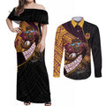 Brisbane Broncos Rugby Couples Matching Off Shoulder Maxi Dress and Long Sleeve Button Shirt Tribal Polynesian Power Art - Lightning Mascot