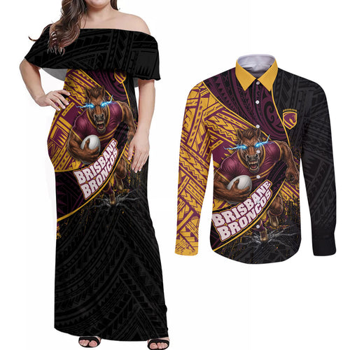 Brisbane Broncos Rugby Couples Matching Off Shoulder Maxi Dress and Long Sleeve Button Shirt Tribal Polynesian Power Art - Lightning Mascot