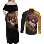 Brisbane Broncos Rugby Couples Matching Off Shoulder Maxi Dress and Long Sleeve Button Shirt Tribal Polynesian Power Art - Lightning Mascot