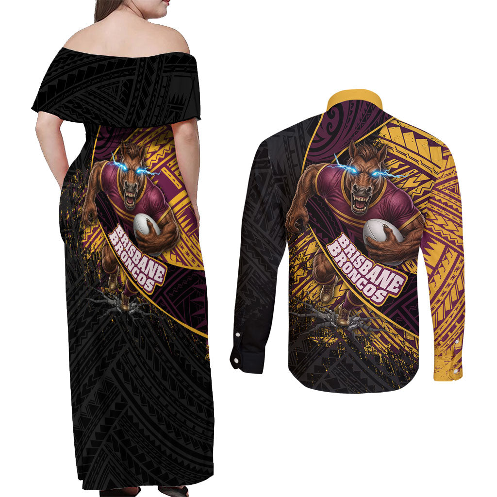 Brisbane Broncos Rugby Couples Matching Off Shoulder Maxi Dress and Long Sleeve Button Shirt Tribal Polynesian Power Art - Lightning Mascot